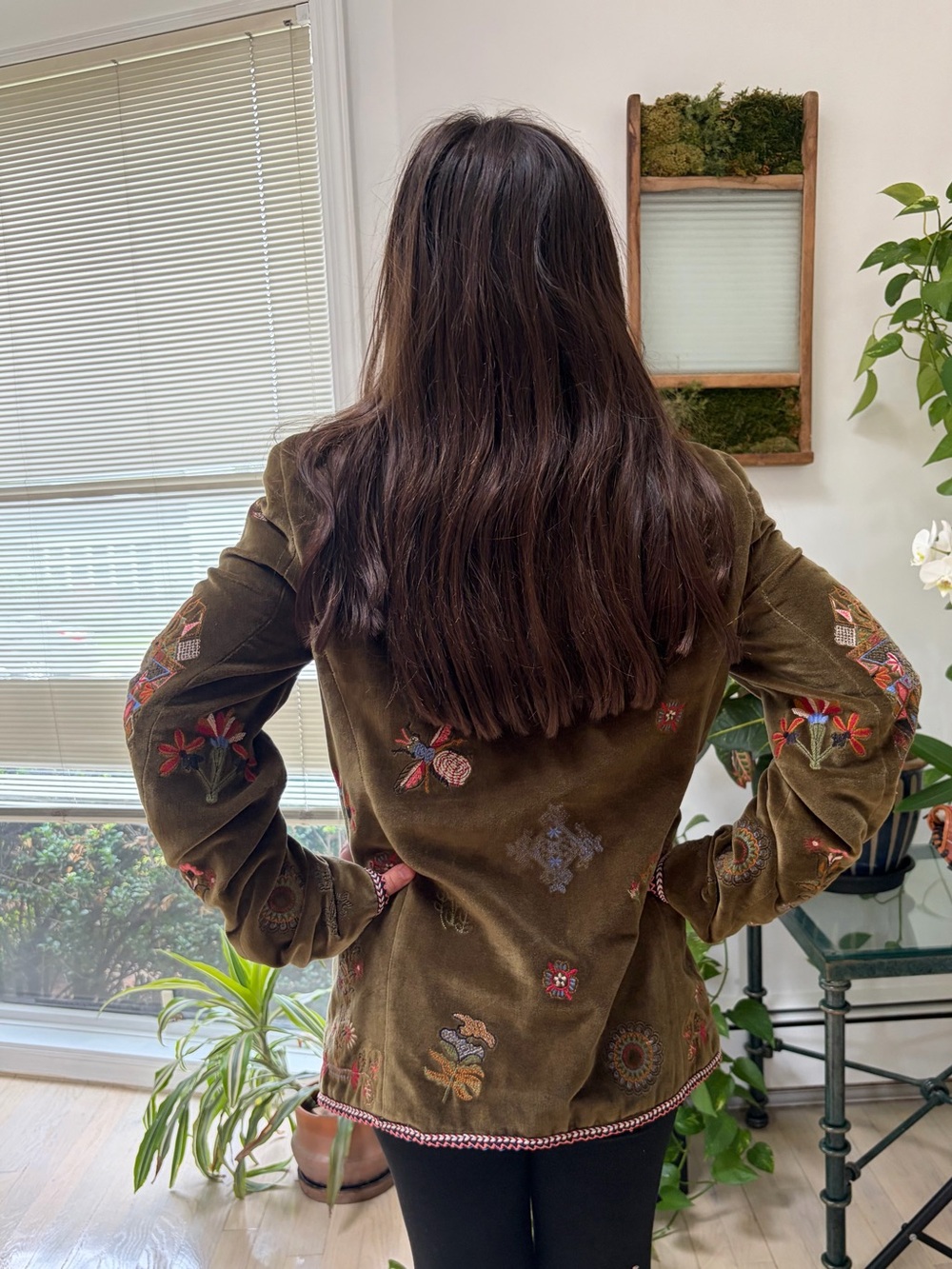 Zara Embroidered Olive Green Velvet Jacket Fully Lined Corded Trim S